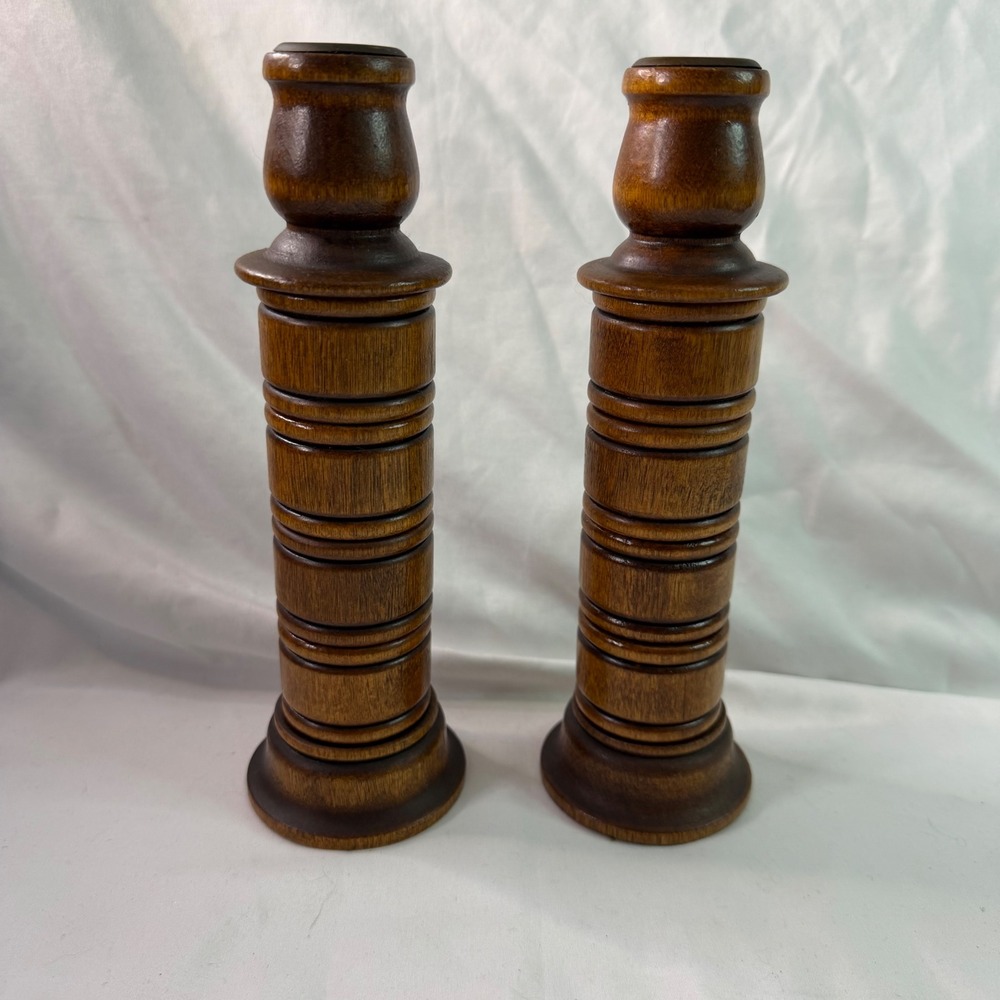 Vintage Wooden Stacking Candlestick Holders Set with 8 Matching Napkin Rings